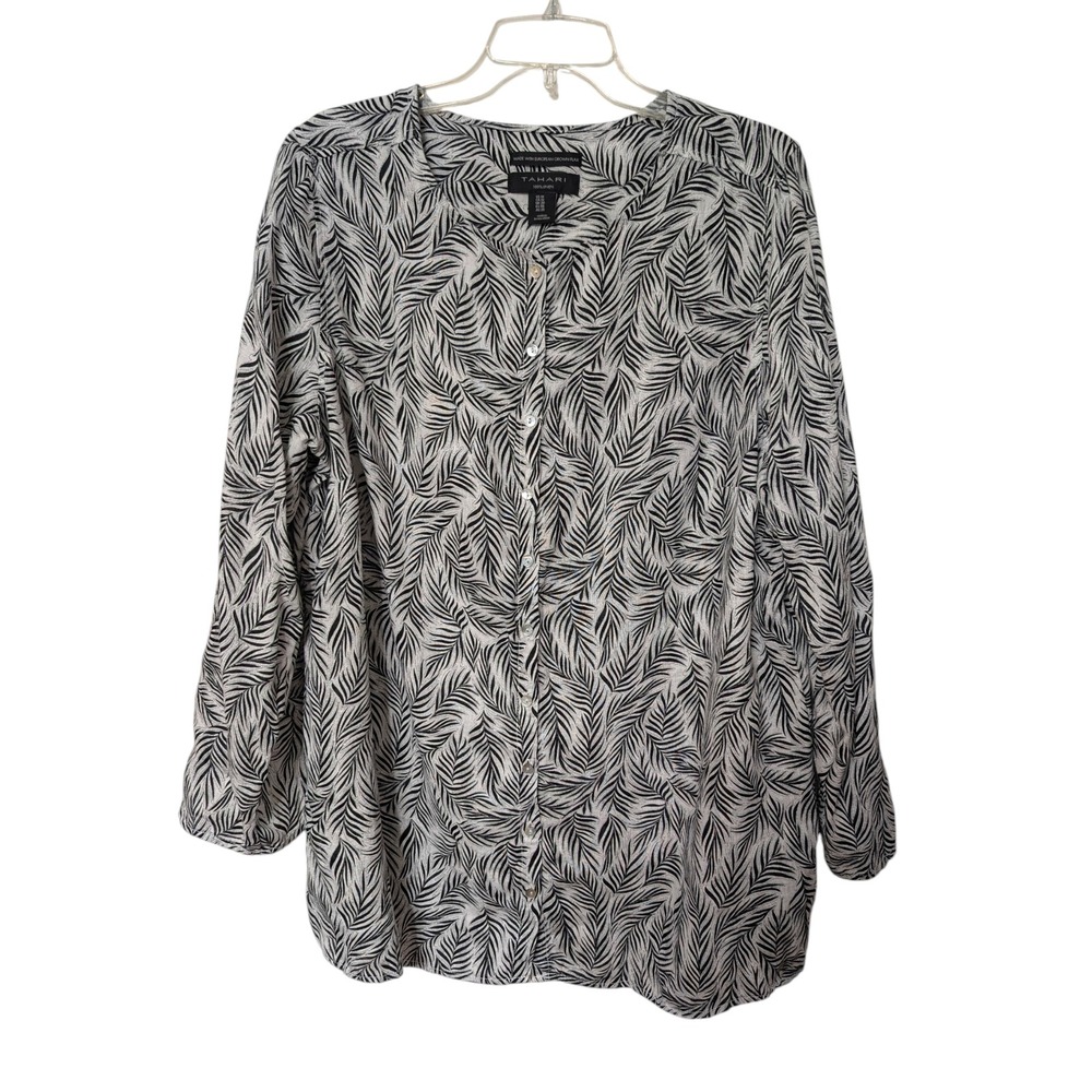Tahari 100% Linen Palm Leaf Print Roll Tab Button Down Blouse Black White 1X